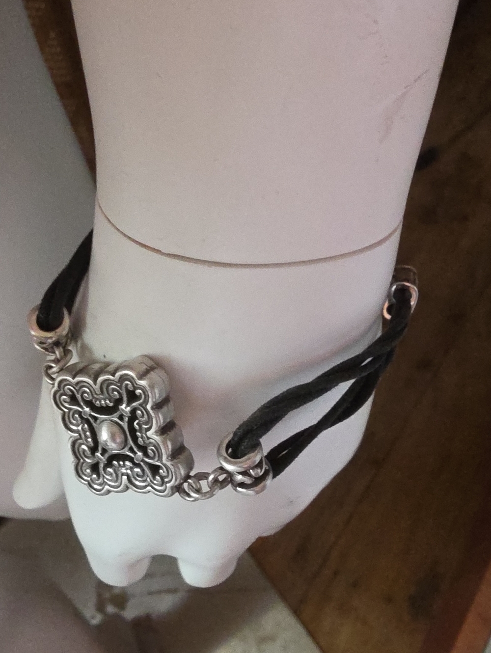 Brighton Silver Filigree Square Leather Cord Bracelet